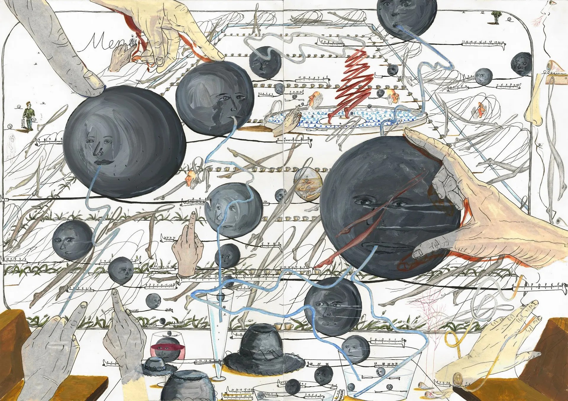 Dan Zhu's 'A trip to an image 3- the sparkling water', uit 2017, acryl en papier op papier. Beeld Stedelijk Museum Schiedam