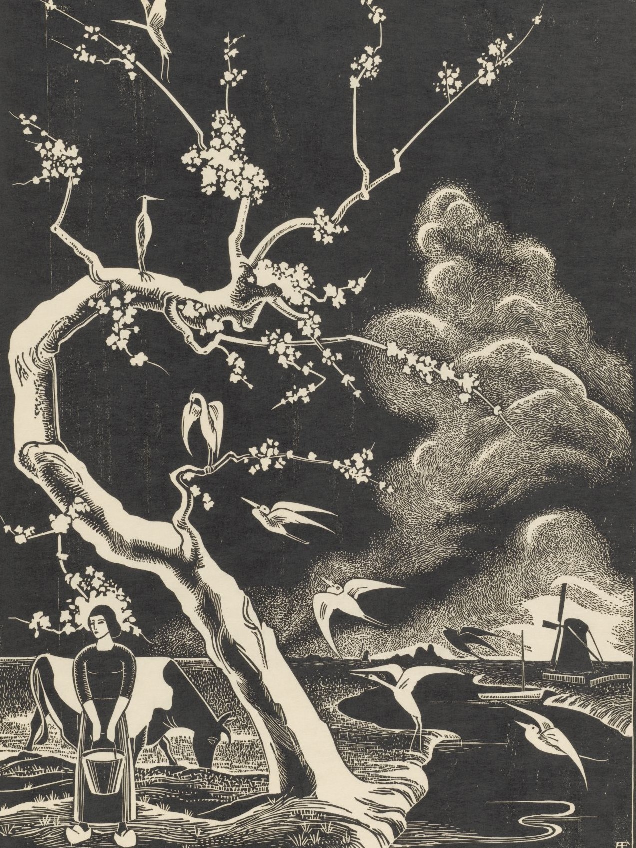 Bernard Essers, 'Lente' - Boom met reiger, ca. 1936, houtsnede. Foto via Rijksmuseum Amsterdam